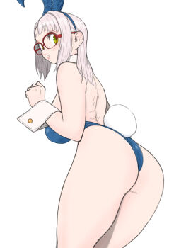 Rule 34 | 1girl, animal ear hairband, animal ears, ass, ass focus, blue hairband, blue leotard, blush, breasts, commentary request, detached collar, fake animal ears, goddess of victory: nikke, green eyes, grey hair, hairband, hand up, highres, large breasts, leotard, long hair, looking at viewer, looking back, neon (nikke), parted lips, rabbit ear hairband, rabbit ears, rabbit tail, red-framed eyewear, solo, standing, tail, toshinoshin, white background, wrist cuffs