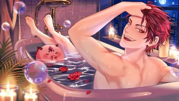 1boy adjusting_hair arm_up bath bathing bathroom bathtub black_sky blurry blurry_foreground bubble building candle city city_lights cityscape commentary completely_nude crossed_legs dinosaur_boy english_commentary faucet feet flower full_moon highres holostars holostars_english hoto_11010 in_bathtub indoors jurard_t_rexford legs light_particles looking_at_viewer looking_back male_focus moon nail_polish night nude open_mouth partially_submerged petals plant red_eyes red_flower red_hair red_nails red_rose rose rose_petals scenery shared_bathing sharp_teeth short_hair shower_curtain sitting sky skyline smile soap_bubbles sorawrity_(jurard_t_rexford) star_(sky) teeth tile_wall tiles toenail_polish toenails virtual_youtuber water wet window