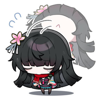 Rule 34 | 1girl, artist request, black hair, bowing, chibi, chibi only, closed eyes, full body, girls' frontline, girls' frontline 2: exilium, hair ornament, lowres, official art, red scarf, sakura (girls' frontline 2), scarf, second-party source, solo, tears, type 100 (girls' frontline)
