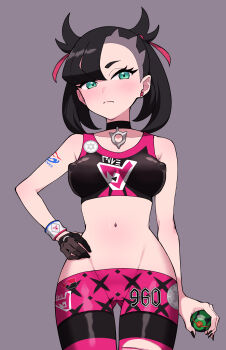 Rule 34 | 1girl, absurdres, arm tattoo, asymmetrical bangs, bike shorts, black hair, black leggings, black nails, breasts, cameltoe, closed mouth, commentary request, covered erect nipples, dusk ball, dynamax band, earrings, eyelashes, gloves, green eyes, grey background, hair ribbon, highres, holding, holding poke ball, jewelry, leggings, maki (letusgomaki), marnie (pokemon), medium breasts, medium hair, nail polish, navel, nintendo, pink leggings, poke ball, pokemon, pokemon swsh, ribbon, simple background, single glove, solo, sports bra, stomach, striped leggings, tattoo, torn clothes, torn leggings, two-tone leggings