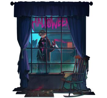 Rule 34 | 1boy, black coat, black sclera, blood, blue eyes, broken glass, chair, closed mouth, coat, colored sclera, corded phone, curtains, full body, glass, glint, gloves, halloween, halloween (movie), hand up, heterochromia, highres, holding, holding knife, knife, long sleeves, looking at viewer, looking inside, mask, mask on head, mismatched sclera, official art, phone, pink blood, rain, red gloves, reverse:1999, rocking chair, smeared blood, smile, solo, tassel, third-party source, transparent background, window, x (breathing in silence) (reverse:1999), x (reverse:1999), yellow eyes