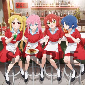 4girls ahoge apron blonde_hair blue_eyes blue_hair bocchi_the_rock! commentary_request cube_hair_ornament diner drinking_straw food gotoh_hitori hair_between_eyes hair_ornament holding holding_food holding_pizza ijichi_nijika kita_ikuyo looking_at_viewer mole mole_under_eye multiple_girls official_art parted_bangs pasta pink_hair pizza red_eyes red_hair sample_watermark short_hair side_ponytail soda spaghetti toubun14 waitress watermark yamada_ryo yellow_eyes