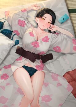 Rule 34 | 1girl, absurdres, black hair, blue bra, blush, bra, breasts, cleavage, collarbone, floral print, floral print kimono, futon, highres, japanese clothes, kimono, lying, mole, mole on chest, mole under mouth, on back, original, phone, pillow, print kimono, rushian, solo, tatami, underwear, unworn bra, white kimono, yellow eyes, yukata