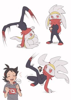 1boy :d blush character_doll closed_eyes commentary_request dancing doll eyelashes gen_8_pokemon goh_(pokemon) grey_shirt hands_in_pockets highres holding male_focus matsuno_opa motion_blur nintendo open_mouth paddle pokemon pokemon_(anime) pokemon_(creature) pokemon_journeys raboot shirt short_sleeves smile teeth tongue upper_teeth_only white_background |d