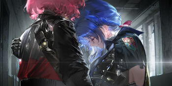 Rule 34 | 2girls, bad link, black gloves, black jacket, blue hair, braid, braided ponytail, clenched teeth, closed eyes, dalanxia, dp-12 (girls' frontline), female commander (girls' frontline), girls' frontline, girls' frontline 2: exilium, gloves, helen (girls' frontline 2), highres, indoors, jacket, multiple girls, official art, pink hair, red jacket, teeth