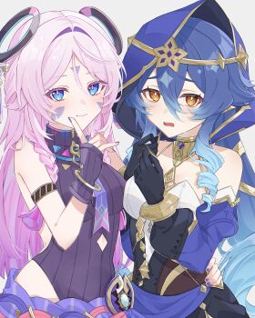 2girls absurdres bare_shoulders black_gloves black_leotard blue_eyes blue_hair blush braid breasts citlali_(genshin_impact) closed_mouth detached_sleeves drill_hair facial_mark fingerless_gloves floating_headgear forehead_mark genshin_impact gloves gold_trim hair_between_eyes headgear highres hood jewelry layla_(genshin_impact) leotard long_hair looking_at_viewer multiple_girls nya_inuha open_mouth pink_hair pink_pupils smile triangle triangle_facial_mark very_long_hair yellow_eyes