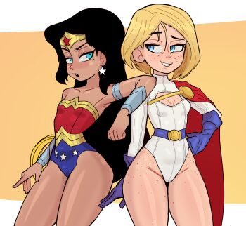 2girls aged_down armlet belt black_hair blonde_hair blue_belt blue_eyes blue_gloves blush body_freckles breasts cape cleavage_cutout clothing_cutout collarbone dc_comics dcau earrings freckles freckles_on_breasts freckles_on_legs freckles_on_thighs gloves grin hand_on_own_hip jewelry justice_league justice_league_unlimited lasso lasso_of_truth leotard loli long_hair long_sleeves looking_at_another mole mole_under_eye multiple_girls open_mouth power_girl print_leotard raised_eyebrow red_cape red_leotard rukisan(pixiv) short_hair small_breasts smile standing star_(symbol) star_earrings star_print superhero_costume superman_(series) teeth tiara vambraces white_leotard wide_hips wonder_woman wonder_woman_(series) yellow_background