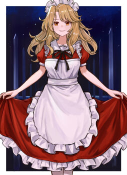 1girl apron black_ribbon blonde_hair collarbone commentary dress frilled_apron frilled_dress frills highres long_hair looking_at_viewer maid maid_apron maid_headdress neck_ribbon orange_eyes puffy_short_sleeves puffy_sleeves red_dress ribbon short_sleeves skirt_hold smile solo tentaizukan touhou touhou_(pc-98) white_apron yumeko_(touhou)