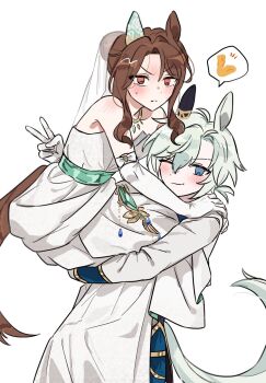 2girls animal_ears bare_shoulders blue_eyes blue_shorts blush bow bridal_veil bride brown_hair carrying dress ear_covers ear_through_crown elbow_gloves embarrassed female_focus flexing full-face_blush gloves green_sash grey_hair hands_on_another&#039;s_shoulders highres horse_ears horse_girl horse_tail jacket jewelry king_halo_(evergreen_identity)_(umamusume) king_halo_(umamusume) long_sleeves looking_at_viewer multiple_girls necklace official_alternate_costume official_alternate_hairstyle one_eye_closed princess_carry red_eyes sash seiun_sky_(soiree_de_chaton)_(umamusume) seiun_sky_(umamusume) short_hair shorts shoulder_blush single_ear_cover sleeveless sleeveless_dress speech_bubble tail umamusume unseuking0427 v veil wedding_dress white_background white_bow white_dress white_gloves white_jacket wife_and_wife wink yuri