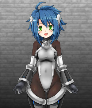 1girl ahoge android black_gloves blue_hair bodysuit breasts collar covered_navel emil_chronicle_online gloves green_eyes grey_leotard grey_sleeves highres huyusilver leotard lili_(eco) looking_at_viewer medium_breasts metal_collar open_mouth robot_ears solo spiked_hair