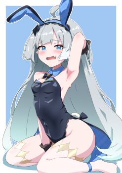 1girl absurdres ahoge animal_ears armpits barefoot black_leotard blue_background blush breasts commentary_request covered_navel detached_collar fake_animal_ears fake_tail fang female_tyrant_(stella_sora) gradient_background grey_hair highres leotard long_hair looking_at_viewer open_mouth playboy_bunny rabbit_ears rabbit_tail sanami_(sanami_t_38) sitting small_breasts solo stella_sora sweat tail thighs tyrant_(stella_sora) very_long_hair