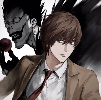 2boys apple black_hair brown_eyes brown_hair brown_jacket chain chain_earrings closed_mouth collared_shirt colored_skin death_note earrings food fruit hair_between_eyes heart heart_earrings highres holding holding_food holding_fruit jacket jewelry male_focus multiple_boys necktie red_necktie ryuk sharp_teeth shinigami shirt short_hair sso_s suit_jacket teeth upper_body white_background white_eyes white_shirt white_skin yagami_light