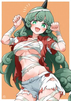 Rule 34 | 1girl, :d, absurdres, arms up, bandaged arm, bandaged chest, bandaged leg, bandages, breasts, collarbone, commentary request, commission, cowboy shot, curly hair, fangs, green eyes, green hair, groin, highres, horns, komainu ears, komano aunn, long hair, medium breasts, mummy costume, navel, open clothes, open mouth, open shirt, orange background, paw pose, red shirt, scavia10, shirt, short sleeves, shorts, single horn, skeb commission, smile, solo, tail, torn clothes, torn shirt, torn shorts, touhou, very long hair, white shorts