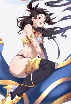 1girl absurdres armlet bare_shoulders black_hair breasts commentary curvy earrings english_commentary fate/grand_order fate_(series) floating_hair highres ishtar_(fate) jewelry long_hair medium_breasts navel red_eyes revealing_clothes sitting solo thong tiara two_side_up wide_hips