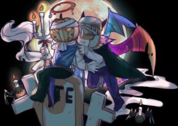 Rule 34 | 2boys, alternate costume, black cape, black pants, blood, blood halo, bug, candle, cape, commentary, creighton of mirrah, dark souls (series), dark souls ii, fang, fang out, full body, full moon, halloween, halloween costume, halo, helmet, liquid halo, male focus, melting halo, mild mannered pate, moon, multiple boys, neopentane5, pants, pumpkin head, purple pants, purple wings, red halo, sitting, spider, tombstone, vampire costume, wings