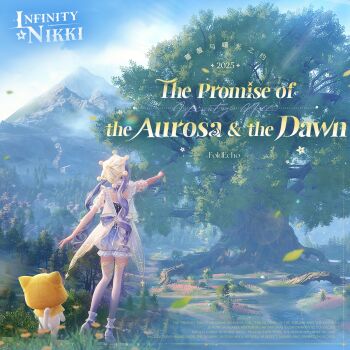1girl 2025 3d ahoge album_cover animal artist_request bilingual_text blue_sky boots cat chinese_text cloak clothed_animal cloud coattails company_name copyright_logo cover day dress ear_covers english_text falling_leaves flower forest four-pointed_star frilled_anklet frilled_sleeves frills full_body gradient_thighhighs hat high_heel_boots high_heels highres hill hood hood_up hooded_cloak in-universe_location infinity_nikki leaf light_rays logo long_hair low_twintails mixed-language_text momo_(nikki) mountain multicolored_thighhighs nature nikki_(series) official_art outdoors plant pointing pointing_at_object pom_pom_(clothes) print_sleeves puffy_short_sleeves puffy_sleeves purple_boots purple_hair purple_romper purple_thighhighs see-through_clothes see-through_dress see-through_thighhighs short_sleeves sky standing star_(symbol) star_print starlet_burst_(infinity_nikki) tailcoat thighhighs third-party_source tree twintails two-tone_thighhighs very_long_hair vines wavy_hair white_cat white_dress white_hat white_thighhighs yellow_cloak yellow_flower