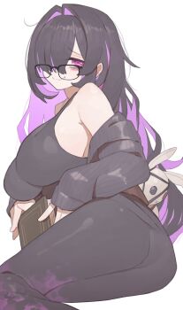 1girl aoyuzuaoyuzu bags_under_eyes bare_shoulders black-framed_eyewear black_dress black_hair book breasts closed_mouth colored_inner_hair dress glasses goddess_of_victory:_nikke hair_intakes hair_over_one_eye highres holding holding_book label_(nikke) large_breasts long_hair long_sleeves looking_at_viewer multicolored_hair off_shoulder purple_eyes purple_hair sideboob simple_background solo streaked_hair stuffed_animal stuffed_rabbit stuffed_toy very_long_hair white_background