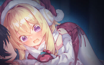 1boy 1girl azur_lane black_hair blonde_hair blush christmas commander_(azur_lane) commentary_request crossed_bangs gloves hair_intakes hat highres muchun_(2571268436) open_mouth pantyhose purple_eyes red_gloves santa_hat sidelocks sweatdrop warspite_(azur_lane) white_pantyhose