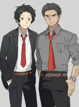 2boys adachi_tooru arm_hair belt black_hair black_jacket black_pants closed_mouth collared_shirt commentary doujima_ryoutarou facial_hair grey_background grey_shirt hand_in_pocket highres jacket looking_at_viewer male_focus mature_male multiple_boys mustache_stubble necktie pants persona persona_4 red_necktie shirt shiryoku_kensa short_hair simple_background smile sparse_stubble stubble symbol-only_commentary watch white_shirt wristwatch