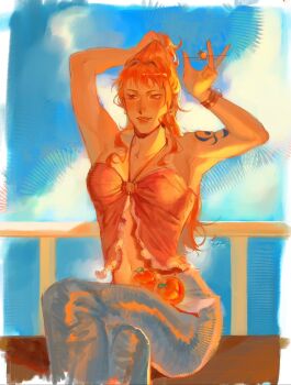 1girl adjusting_hair alternate_costume armpits arms_up bare_shoulders blue_pants blue_sky bracelet breasts commentary criss-cross_halter crossed_legs denim exhosionn feet_out_of_frame food fruit hair_tie halterneck highres holding holding_hair_tie holding_own_hair jeans jewelry long_hair mandarin_orange medium_breasts midriff nami_(one_piece) navel one_piece orange_hair outdoors pants parted_lips pink_shirt shirt shoulder_tattoo sitting sky solo tattoo