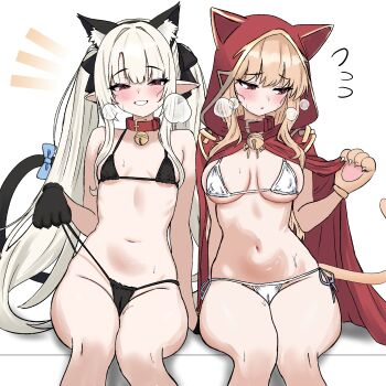 2girls absurdres animal_ears animal_hands bare_shoulders bell bikini black_bikini blonde_hair blush bow breasts cameltoe cat_ears cat_tail cloak collar commission embarrassed extra_ears gloves grin hair_bow hairband halterneck heavy_breathing highres hood hooded_cloak jingle_bell long_hair looking_at_viewer looking_to_the_side medium_breasts micro_bikini multiple_girls navel notice_lines oldsickkim original parted_lips paw_gloves pointy_ears pulling_own_clothes red_cloak red_collar red_eyes side-tie_bikini_bottom sidelocks simple_background sitting small_breasts smile stomach strap_pull string_bikini sweat swimsuit tail tail_raised thighs twintails very_long_hair white_background white_bikini white_hair