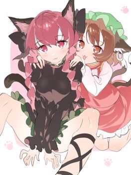 2girls animal_ear_fluff animal_ear_piercing animal_ears black_dress black_ribbon braid breasts brown_eyes brown_hair cat_ears cat_girl cat_tail chen commentary_request dress feet_out_of_frame green_hat hands_on_another&#039;s_shoulders hat kaenbyou_rin large_breasts leg_ribbon long_sleeves mob_cap multiple_girls multiple_tails polpol red_eyes red_shirt red_skirt ribbon shirt short_hair side_braids skirt tail touhou twin_braids two_tails v_arms