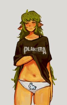 Rule 34 | 1girl, animal print, band shirt, black shirt, bra strap, brand name imitation, closed eyes, clothes lift, commentary, cowboy shot, dark-skinned female, dark skin, dryad, dryad (terraria), english commentary, expressionless, front-print panties, green hair, grey background, hand under clothes, hand under shirt, highres, long hair, merchandise, messy hair, midriff, monster girl, navel, oversized clothes, oversized shirt, panties, pixel art, plant girl, pointy ears, print panties, rabbit print, scratching chest, shirt, shirt lift, sleepwear, sleepy, solo, sprite, sprite art, terraria, underwear, very long hair, vincent dang, waking up, white panties