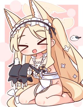 >_< 1girl :d animal_ear_fluff animal_ears apron barefoot bird black_hairband black_sleeves blonde_hair blue_archive blush border bow closed_eyes collarbone commentary_request detached_sleeves fox_ears fox_girl fox_tail frilled_hairband frills full_body hair_bow hairband halo hana_kazari highres long-tailed_tit long_hair long_sleeves naked_apron one_side_up open_mouth outside_border parted_bangs pink_background seia_(blue_archive) sitting sleeves_past_fingers sleeves_past_wrists smile solo tail tit_(bird) very_long_hair white_apron white_border white_bow xd yellow_halo