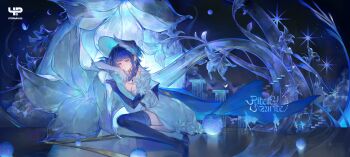 Rule 34 | 1girl, absurdres, asymmetrical gloves, bingbing (hrppbb), blue bonnet, blue eyes, blue gloves, blue hair, blue shoes, blue theme, blue thighhighs, blunt bangs, bonnet, breasts, cleavage, closed mouth, copyright name, dress, elbow gloves, flower, full body, gloves, high heels, highres, leaning to the side, medium breasts, mismatched gloves, puffy short sleeves, puffy sleeves, riteny azurite, shoes, short sleeves, sitting, solo, thighhighs, utoparillel, white dress, white gloves, white thighhighs, yokozuwari