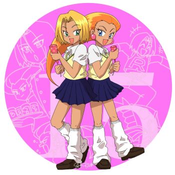 Rule 34 | 1boy, 1girl, alternate costume, alternate hair color, alternate skin color, androgynous, blonde hair, cowlick, crossdressing, crossdressing (mtf), earrings, ganguro, green eyes, gyaru, highres, james (pokemon), jessie (pokemon), jewelry, kneehighs, looking at viewer, nintendo, open mouth, pink background, pokemon, pokemon (anime), pokemon (classic anime), sakura ouch, skirt, smile, socks, sphere earrings, tan, team rocket, trap, white socks