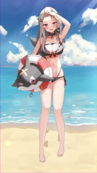 1girl absurdres armpits artist_name bare_shoulders barefoot beach bikini black_bikini blue_sky bow breasts choker cloud commentary_request fang feet heart heart_choker highres holding hololive inu_(sakamata_chloe) large_breasts looking_at_viewer navel open_mouth outdoors red_eyes sakamata_chloe sky swimsuit takion teeth toes upper_teeth_only virtual_youtuber water