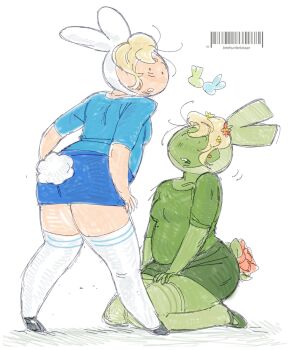2girls adventure_time adventure_time:_fionna_and_cake animal_hat bags_under_eyes barcode beehunterkisser blonde_hair blue_shirt blue_skirt buck_teeth colored_skin commentary curvy english_commentary fennel_(fionna_and_cake) fionna_campbell flower green_shirt green_skin green_skirt green_socks hat highres kneeling multiple_girls open_mouth rabbit_tail shirt shorts simple_background skirt socks standing tail teeth thick_thighs thighhighs thighs twitter_username white_background white_socks