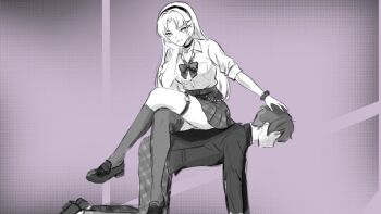 1boy 1girl bubblebebe bubblebebe_(artist) choker crossed_legs garter_straps hand_on_another's_head head_on_hand indie_virtual_youtuber pink_background school_uniform simple_background single_garter_strap sitting_on_another's_back string_of_pearls