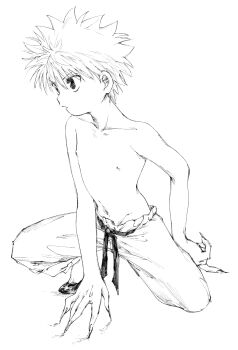 1boy fingernails hunter_x_hunter killua_zoldyck long_fingernails male_focus nipples odenkong pants short_hair shota solo topless_male white_background