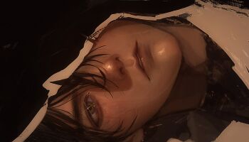 1boy absurdres black_hair black_shirt close-up glint green_eyes hair_between_eyes high_collar highres male_focus meltoring one_eye_covered original parted_lips portrait shirt short_hair sideways solo sparkle