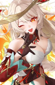 1girl absurdres alice_(genshin_impact) alternate_breast_size_(larger) bare_shoulders blonde_hair blush breasts brown_gloves clover_print commentary cowlick detached_sleeves dress elf genshin_impact gloves heart-shaped_gem highres large_breasts long_hair looking_at_viewer one_eye_closed open_mouth pointy_ears red_dress red_sleeves side_ahoge smile taira_(taira_oekaki)