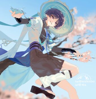 1boy armor belt black_belt black_bodysuit black_bow black_bridal_gauntlets black_leggings black_sandals black_shorts blue_gemstone blue_hat blue_kimono blue_sky blue_sleeves blunt_ends blurry blurry_background bodysuit bow bridal_gauntlets cherry_blossoms depth_of_field eyeliner eyeshadow feathers from_below furisode gem genshin_impact gold grey_pupils han&#039;eri hat highres japanese_armor japanese_clothes jingasa kimono kote kurokote layered_kimono layered_sleeves leg_warmers leggings lofter_username looking_past_viewer makeup male_focus mandarin_collar miemiebei okobo open_clothes open_kimono outdoors outstretched_arms parted_lips platform_sandals pom_pom_(clothes) purple_eyes purple_hair purple_rope purple_sash red_eyeliner red_eyeshadow rope sandals sash scaramouche_(genshin_impact) short_sleeves shorts shoulder_peek sky smile solo spread_arms stirrup_legwear toeless_legwear toes tsurime twitter_username vision_(genshin_impact) wanderer_(genshin_impact) watermark white_kimono white_leg_warmers white_mouth white_sleeves yellow_feathers