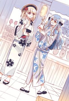 2girls artist_request bag bang_dream! bang_dream!_it&#039;s_mygo!!!!! black_bow blonde_hair blue_hair bow candy_apple chinese_commentary commentary_request commission fish food hair_bow highres japanese_clothes kimono long_hair medium_hair misumi_uika multiple_girls plastic_bag purple_eyes second-party_source sidelocks togawa_sakiko white_kimono