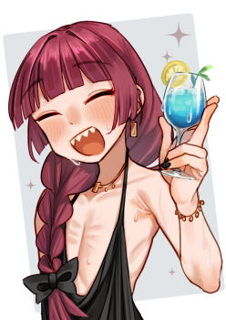 1girl bare_shoulders black_dress black_nails blunt_bangs blush bocchi_the_rock! bow bracelet braid closed_mouth cocktail_glass cup dress drinking_glass earrings flat_chest gold_earrings gold_necklace hair_bow hair_over_shoulder hakai_no_ika highres hiroi_kikuri holding holding_cup jewelry nail_polish necklace open_mouth plunging_neckline red_hair sharp_teeth single_braid skinny sleeveless sleeveless_dress smile solo sweat teeth upper_body visible_ribs