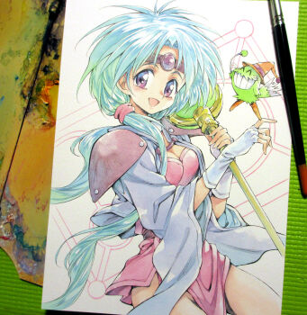 1girl ^_^ agahari armor art_brush art_tools_in_frame blue_hair breasts brown_hat circlet cleavage closed_eyes commentary_request cowboy_shot creature cropped_jacket dress fingerless_gloves gem gloves grin hagu_hagu hair_over_shoulder hands_up haou_taikei_ryuu_knight hat holding holding_staff jacket long_hair looking_at_viewer medium_breasts open_clothes open_jacket open_mouth paffy_pafuricia paintbrush painting_(medium) pelvic_curtain photo_(medium) pink_dress purple_eyes purple_gemstone shoulder_armor smile staff thighs traditional_media very_long_hair white_gloves white_jacket wide_sleeves witch_hat