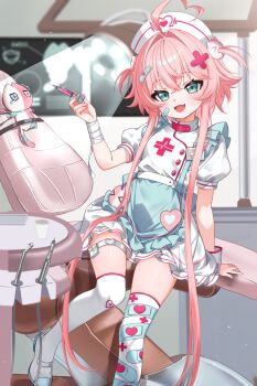 1girl 4kimizuki absurdly_long_sidelocks absurdres ahoge apron asymmetrical_legwear bandaged_wrist bandages bandaid bandaid_hair_ornament bandaid_on_cheek bandaid_on_face bandaid_print breasts commission creature crossed_bangs dental_chair dentist dress fang flipped_bangs frilled_apron frilled_dress frilled_straps frills glint green_apron green_eyes hair_flaps hair_intakes hair_ornament half-closed_eyes hand_rest hand_up hat heart heart_ahoge heart_o-ring high-waist_dress highres holding holding_syringe hospital indie_virtual_youtuber indoors light_blush light_smile looking_at_viewer mary_janes nurse nurse_cap o-ring o-ring_thigh_strap open_mouth petite pink_hair pink_trim pouch print_thighhighs puffy_short_sleeves puffy_sleeves raised_eyebrows second-party_source shoes short_dress short_hair_with_long_locks short_sleeves single_wrist_cuff sitting skeb_commission skin_fang small_breasts solo standing standing_on_one_leg syringe tachi-e thigh_pouch thigh_strap thighhighs two_side_up waist_apron white_dress white_hat white_shoes white_thighhighs wrist_cuffs x_hair_ornament yami_kawaii yume_kuzukawa