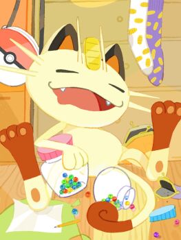bag closed_eyes coin_purse commentary_request drawer drooling fangs gen_1_pokemon highres indoors jar marble_(toy) meowth mouth_drool nintendo no_humans official_art open_mouth paper pencil pokemon pokemon_(creature) pokemon_focus sleeping socks solo unworn_socks