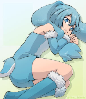 1boy animal_ears blue_boots blue_eyes boots closed_mouth commentary detached_sleeves fur-trimmed_sleeves fur_trim highres kenma-kun koushinism looking_at_viewer lying on_ground on_side rabbit_boy rabbit_ears rabbit_tail sleeveless snout tail thea_schmid trap