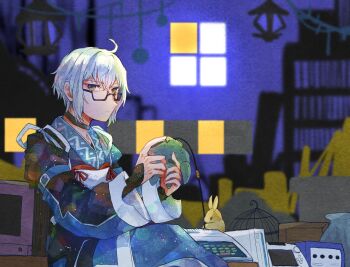 Rule 34 | 1boy, birdcage, black-framed eyewear, cage, closed mouth, commentary request, controller, crt, game console, game controller, gamecube, glasses, indoors, itomugi-kun, japanese clothes, kimono, long sleeves, looking at viewer, morichika rinnosuke, nintendo 64 controller, playstation 2, playstation controller, rabbit, red ribbon, ribbon, short hair, sitting, solo, touhou, white hair, white ribbon, wii, wii u, window, yellow eyes