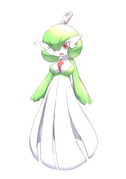 Rule 34 | 1boy, arms at sides, bob cut, breasts, flying sweatdrops, full body, gardevoir, gen 3 pokemon, green hair, hair between eyes, looking at viewer, male focus, medium breasts, neapozi, nervous, nintendo, open mouth, pokemon, raised eyebrows, red eyes, shiny clothes, short hair, skinsuit, solo, standing, zipper pull tab