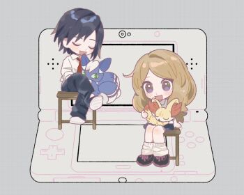 1boy 1girl :d alternate_costume black_hair black_pants black_shoes black_skirt brown_hair calem_(pokemon) chibi chibi_only closed_eyes collared_shirt commentary fennekin gen_6_pokemon grey_shirt handheld_game_console happy long_hair meowstic meowstic_(male) necktie nintendo nintendo_3ds on_lap open_mouth pants pokemon pokemon_(creature) pokemon_on_lap pokemon_xy red_necktie serena_(pokemon) shirt shoes sitting skirt smile socks stool tyou08665851 white_shirt white_shoes white_socks