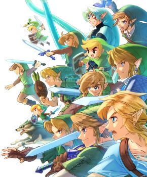 6+boys blonde_hair blue_eyes blue_tunic earrings everyone fierce_deity green_tunic highres holding holding_shield holding_sword holding_weapon hyrule_warriors jewelry link male_focus master_sword multiple_boys multiple_persona nintendo pointy_ears shield sidelocks sword takapon-o-ji the_legend_of_zelda the_legend_of_zelda:_a_link_between_worlds the_legend_of_zelda:_a_link_to_the_past the_legend_of_zelda:_breath_of_the_wild the_legend_of_zelda:_link&#039;s_awakening the_legend_of_zelda:_majora&#039;s_mask the_legend_of_zelda:_ocarina_of_time the_legend_of_zelda:_skyward_sword the_legend_of_zelda:_the_minish_cap the_legend_of_zelda:_the_wind_waker the_legend_of_zelda:_twilight_princess toon_link tunic watermark weapon wolf_link young_link