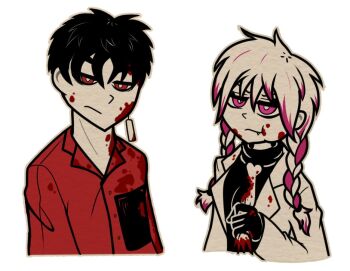 1boy 1girl black_gloves black_hair black_sweater blood blood_on_clothes blood_on_face bone brisineo coat crossover drama_queen eating fang flesh gloves holding holding_bone kitami_(drama_queen) nemlei_(style) nomamoto pink_eyes red_eyes red_shirt shirt sweater the_coffin_of_andy_and_leyley twintails white_background