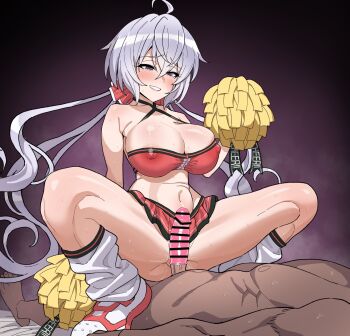 1boy 1girl ahoge bar_censor blush breasts censored cheerleader cleavage condom condom_on_penis covered_erect_nipples full_body hair_between_eyes highres holding holding_pom_poms imminent_penetration inai_uchi large_breasts looking_at_another looking_down microskirt navel open_mouth penis pom_pom_(cheerleading) pom_poms purple_background purple_eyes pussy_juice senki_zesshou_symphogear skirt spread_legs stomach white_hair yukine_chris