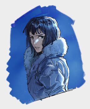 1girl black_hair blue_eyes blunt_bangs breasts coat commentary frown fur-trimmed_coat fur_trim highres long_sleeves looking_at_viewer mcbuckwheat medium_hair nico_robin one_piece parted_lips photo-referenced solo symbol-only_commentary wet wet_clothes white_coat